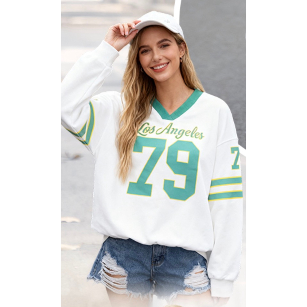 NEW Oversized Jersey Shirt V Neck Sweatshirt Graphic Pullover M